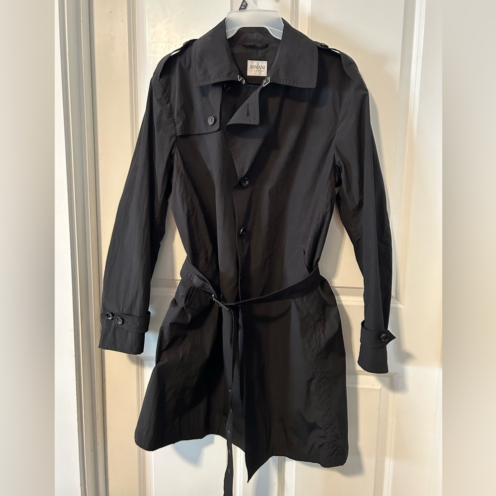 Armani Trench Coat Black Collezioni size 44 water repellent side pockets